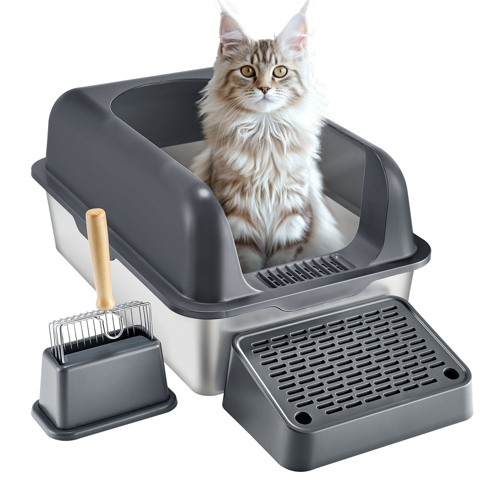 Cat Litter Box, 6 inches Deep, XL Extra Large Stainless Steel Cat Litter Box with Scoop, Wide Filtering Foot Board & High Sides, Enclosed Odor-Free Easy-to-Clean Litter Box, Fit for Big Cats