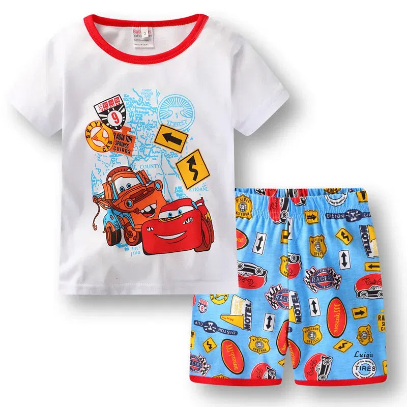 Color: Beige, Kid Size: 5t - New Summer Kids Pyjamas Children Sleepwear Baby Set Boys Girls Cars Short sleeved Pijamas Cotton Nightwear Clothes Pajamas Sets