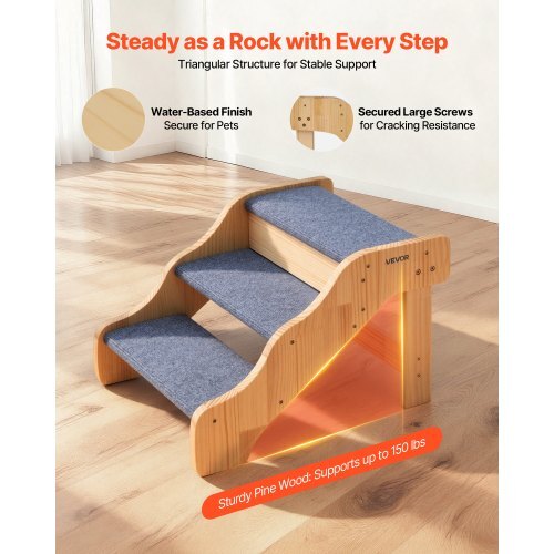 Wood Pet Stairs, 3-Step Dog Stairs for High Beds, Sofa & Cars, 150lbs Load Capacity, Non-Slip Surface, Stable Cat & Dog Step Ladder for Small Medium Large Older Pet Puppy Essentials