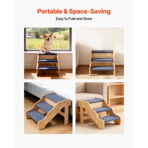 Wood Pet Stairs, 3-Step Dog Stairs for High Beds, Sofa & Cars, 150lbs Load Capacity, Non-Slip Surface, Stable Cat & Dog Step Ladder for Small Medium Large Older Pet Puppy Essentials