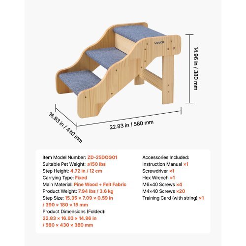 Wood Pet Stairs, 3-Step Dog Stairs for High Beds, Sofa & Cars, 150lbs Load Capacity, Non-Slip Surface, Stable Cat & Dog Step Ladder for Small Medium Large Older Pet Puppy Essentials