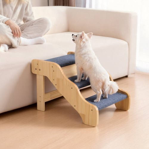 Wood Pet Stairs, 3-Step Dog Stairs for High Beds, Sofa & Cars, 150lbs Load Capacity, Non-Slip Surface, Stable Cat & Dog Step Ladder for Small Medium Large Older Pet Puppy Essentials
