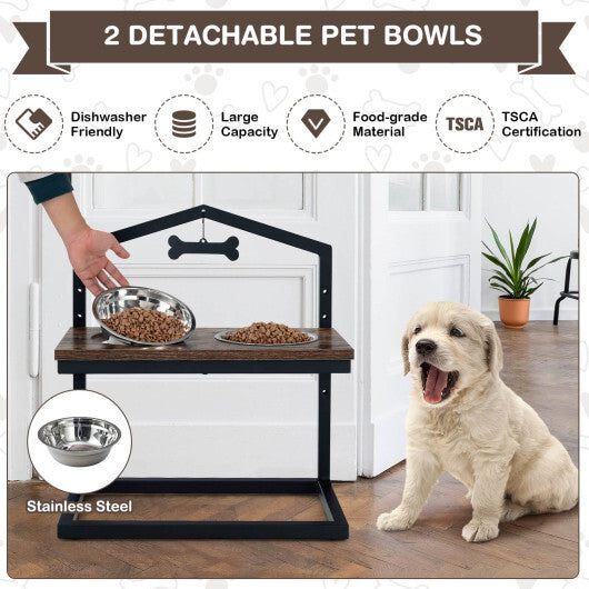 5 Heights Elevated Pet Feeder with 2 Detachable Stainless Steel Bowl-Brown - Color: Brown