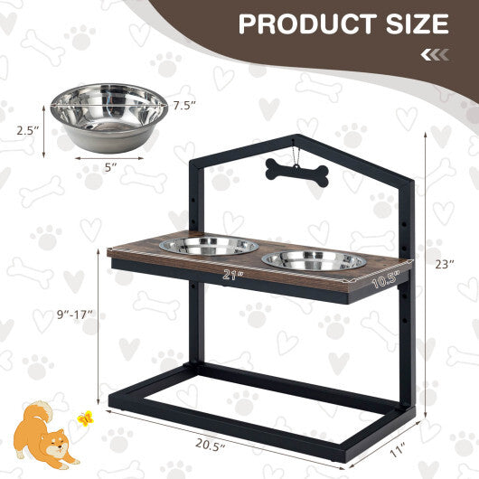 5 Heights Elevated Pet Feeder with 2 Detachable Stainless Steel Bowl-Brown - Color: Brown