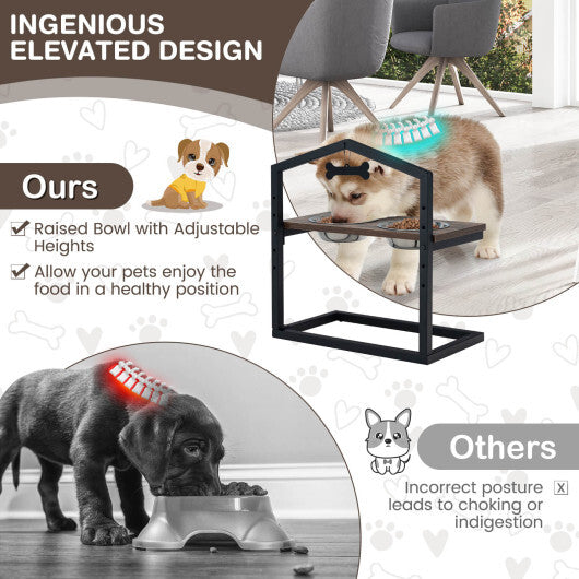 5 Heights Elevated Pet Feeder with 2 Detachable Stainless Steel Bowl-Brown - Color: Brown