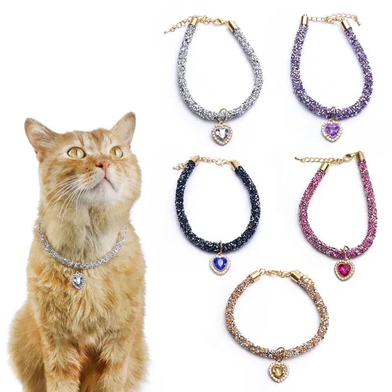 Color: Burgundy, Size: S - Luxury Cat Collar with Heart Crystal Pendant Puppy Chihuahua Necklace Reflective Rhinestone Kitten Neck Strap Pets Accessories