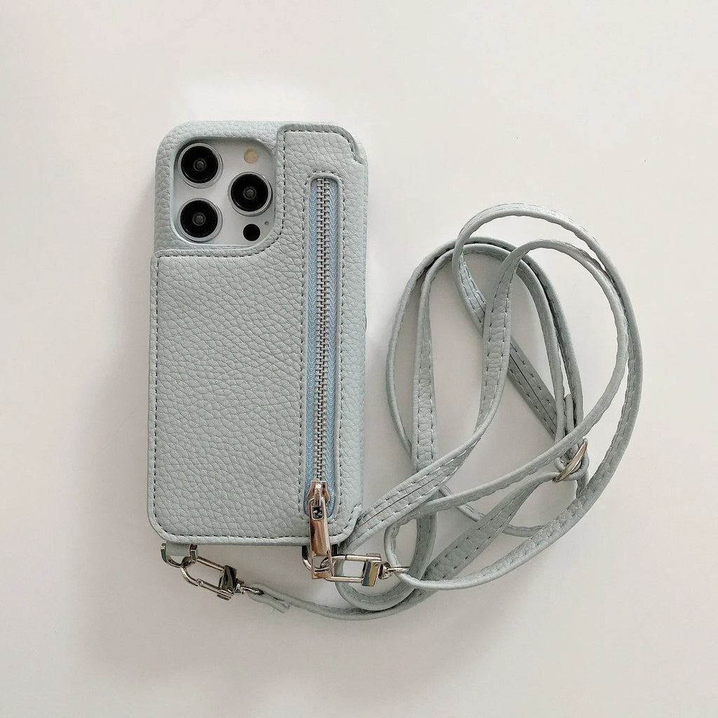 Material: PC, Color: SKY BLUE - Zipper Wallet Makeup Mirror Crossbody Lanyard Case For iPhone 16 15 14 Pro Max 13 12 11 XR XS 7 8 Plus Card Slot Leather Cover
