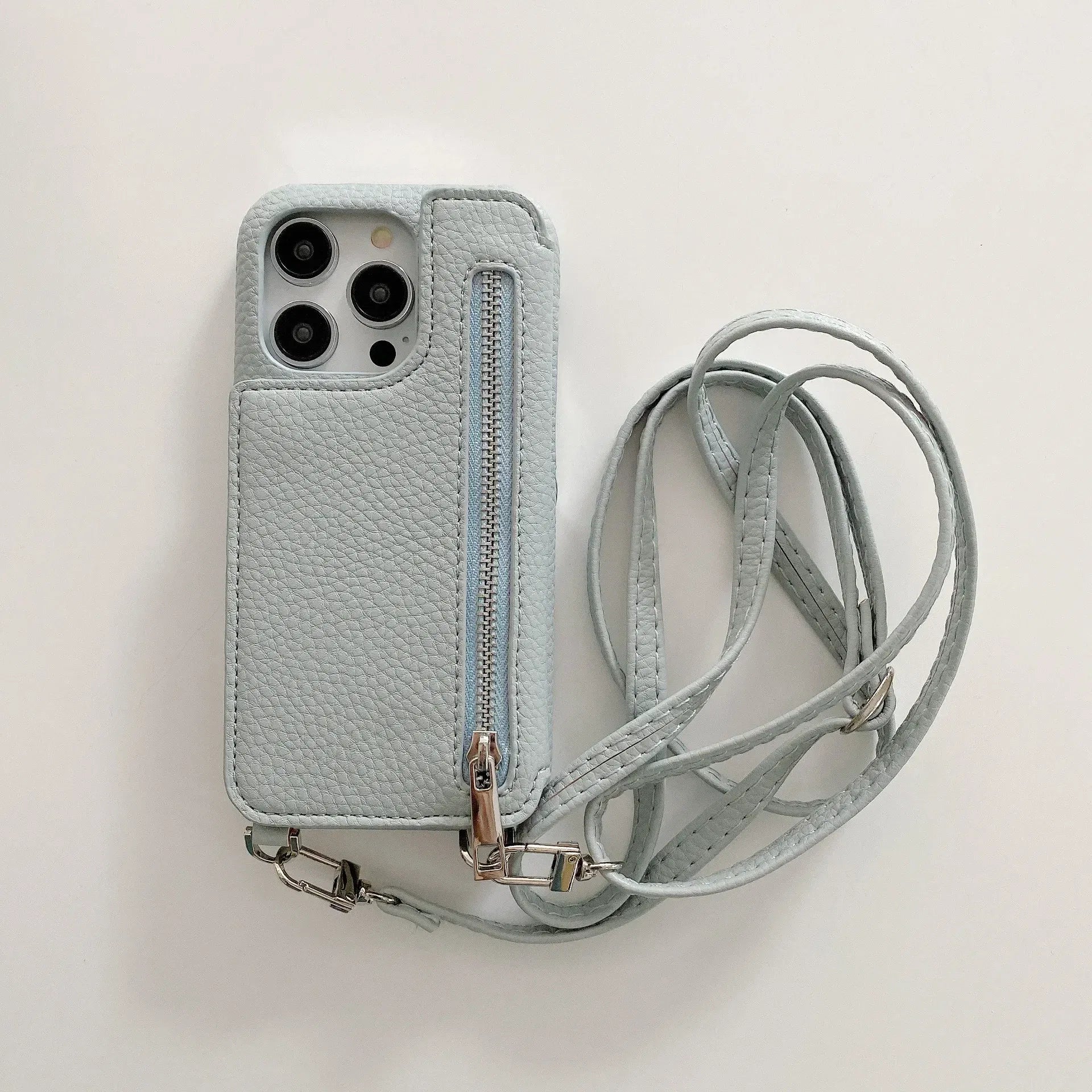 Material: PC, Color: SKY BLUE - Zipper Wallet Makeup Mirror Crossbody Lanyard Case For iPhone 16 15 14 Pro Max 13 12 11 XR XS 7 8 Plus Card Slot Leather Cover