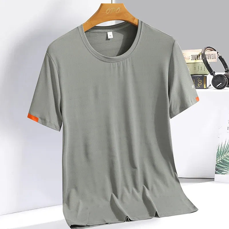 Color: army green, Size: XXXL - Men's Silk Ice Round Collar T-shirt, Simple Running Fitness Suit, Breathable Thin T-shirt, Quick Dry T-shirt, Summer