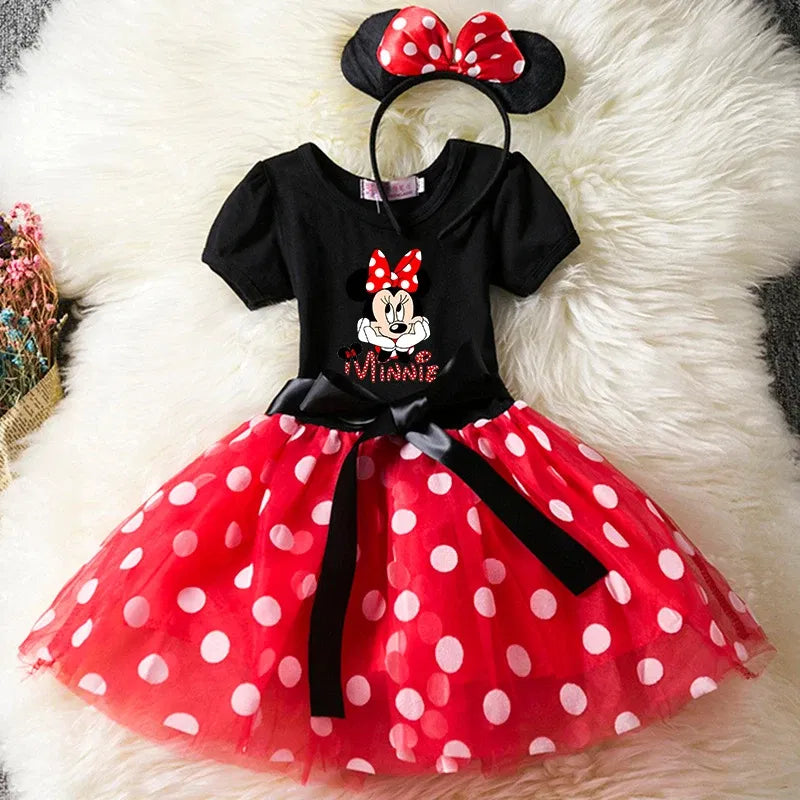 Color: Yellow, Size: XS - Cartoon Mickey Minnie Mouse Kids Short Sleeve Polka Dot Princess Dress 1-6Y Party Baby Girls Clothes Cosplay Costumes