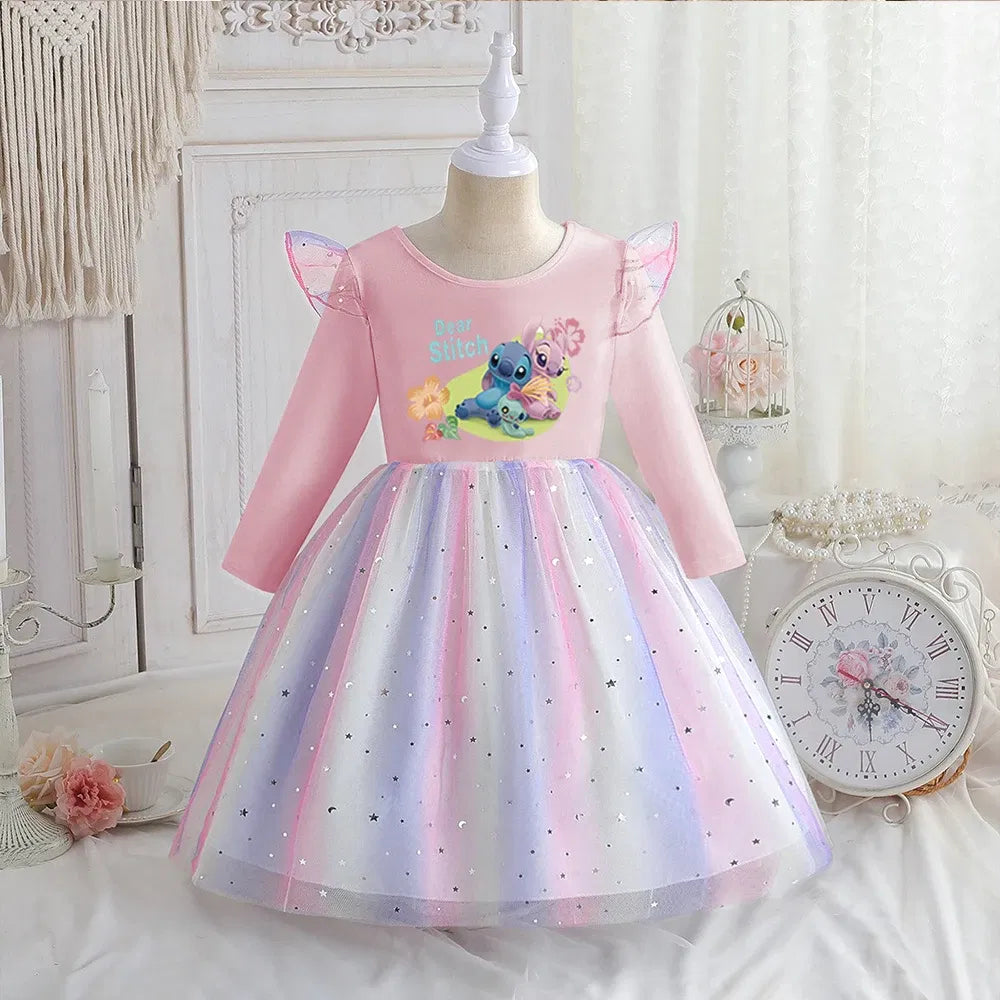 Color: Dark Grey, Kid Size: 2T - Stitch Princess Dress Autumn New Disney Baby Girls Dress Spring Autumn Long-sleeved For Children Kids Clothes Birthday Party