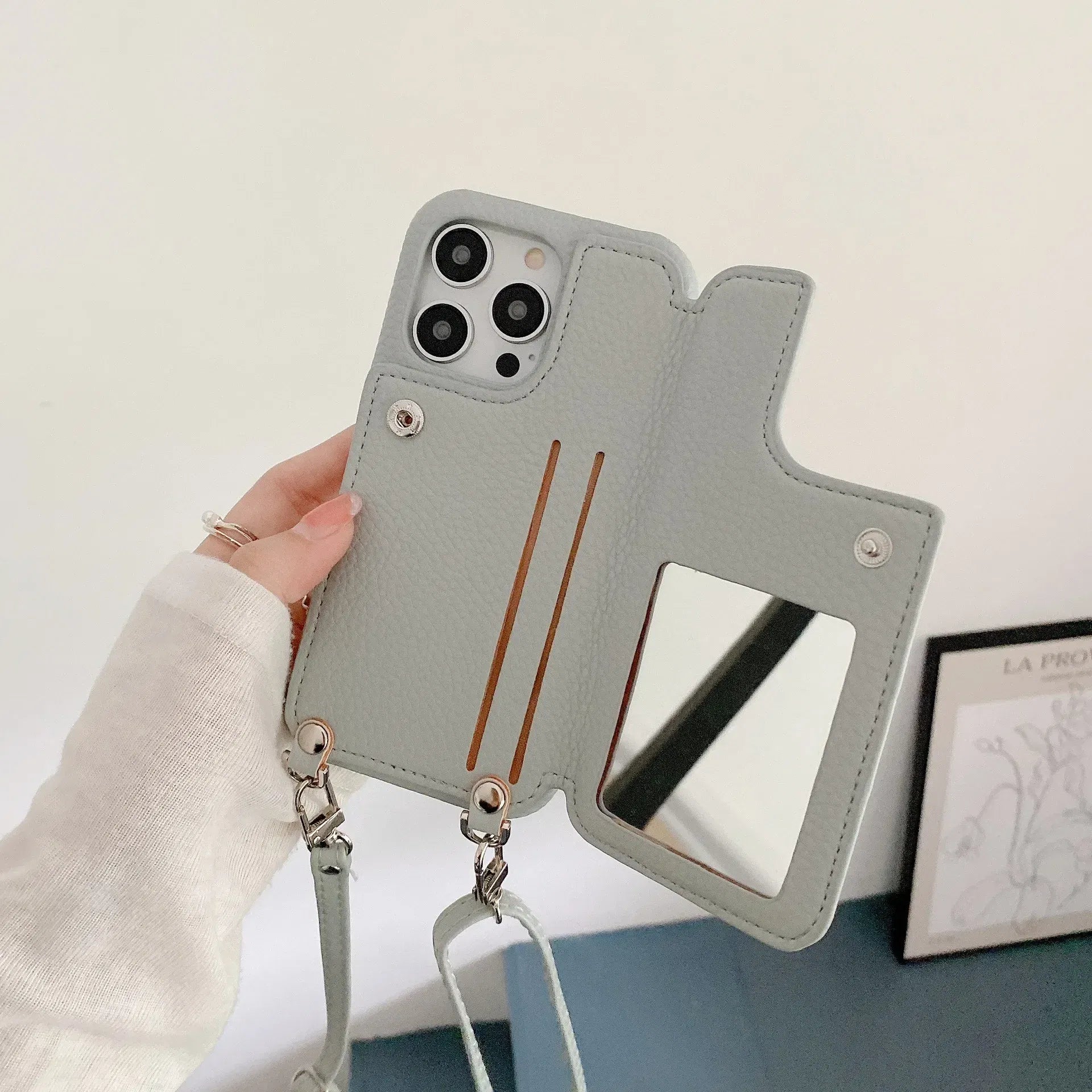 Material: Carbon Fiber, Color: Brown - Zipper Wallet Makeup Mirror Crossbody Lanyard Case For iPhone 16 15 14 Pro Max 13 12 11 XR XS 7 8 Plus Card Slot Leather Cover