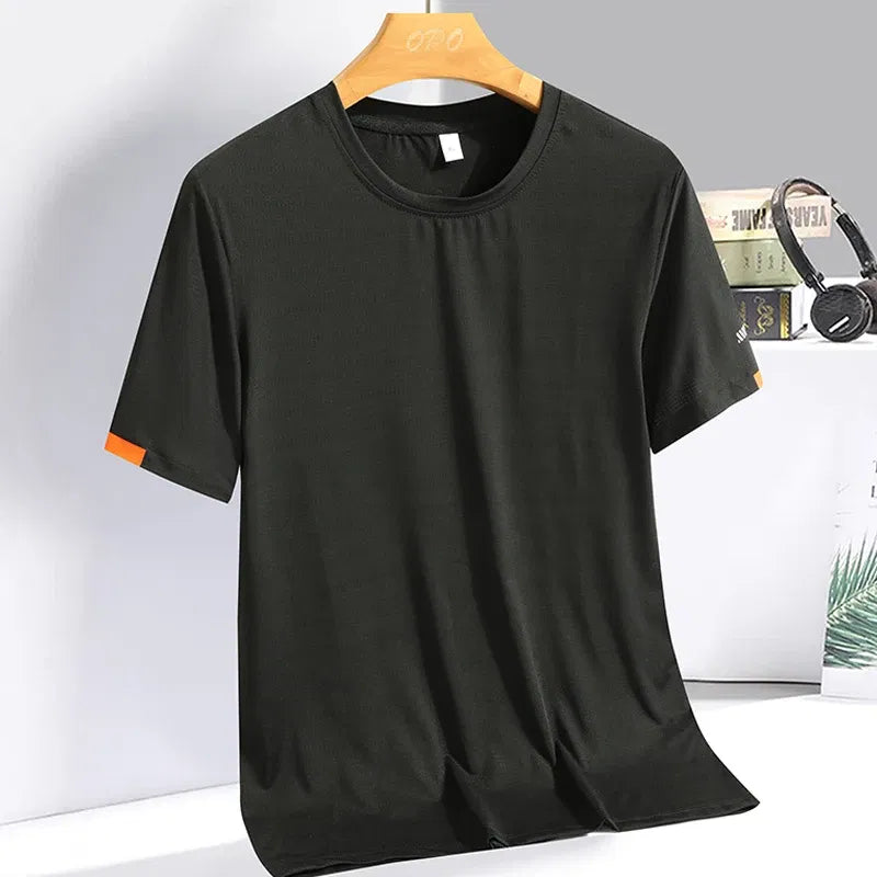 Color: army green, Size: XXXL - Men's Silk Ice Round Collar T-shirt, Simple Running Fitness Suit, Breathable Thin T-shirt, Quick Dry T-shirt, Summer