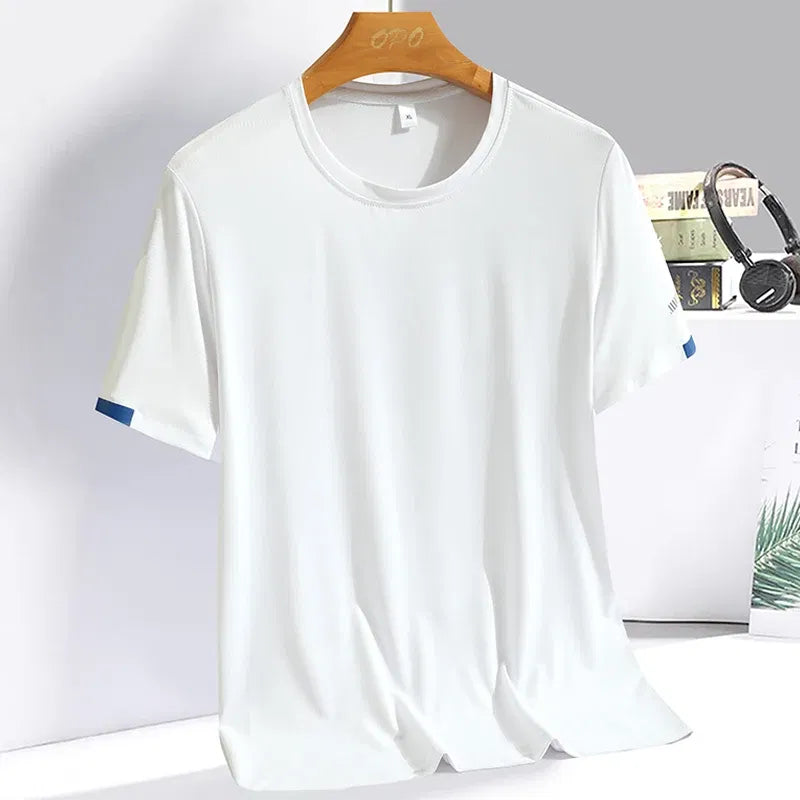 Color: army green, Size: XXXL - Men's Silk Ice Round Collar T-shirt, Simple Running Fitness Suit, Breathable Thin T-shirt, Quick Dry T-shirt, Summer
