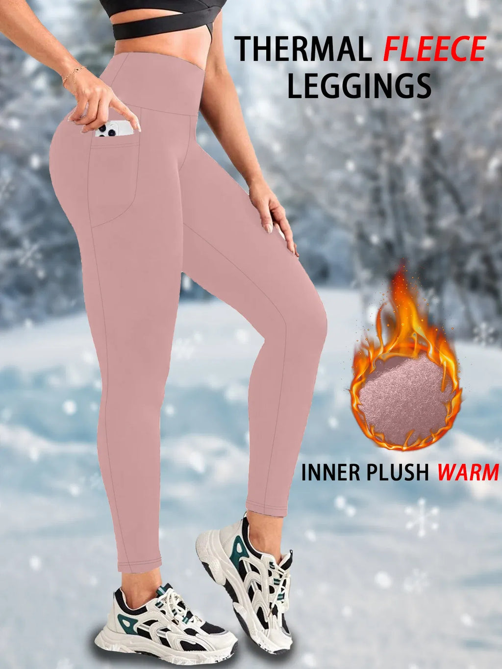 Color: Pink, Size: M - Womens Thermal Fleece Lined High Waisted with pockets Leggings, Workout Winter Warm Thick Tights Soft Yoga Running Pants
