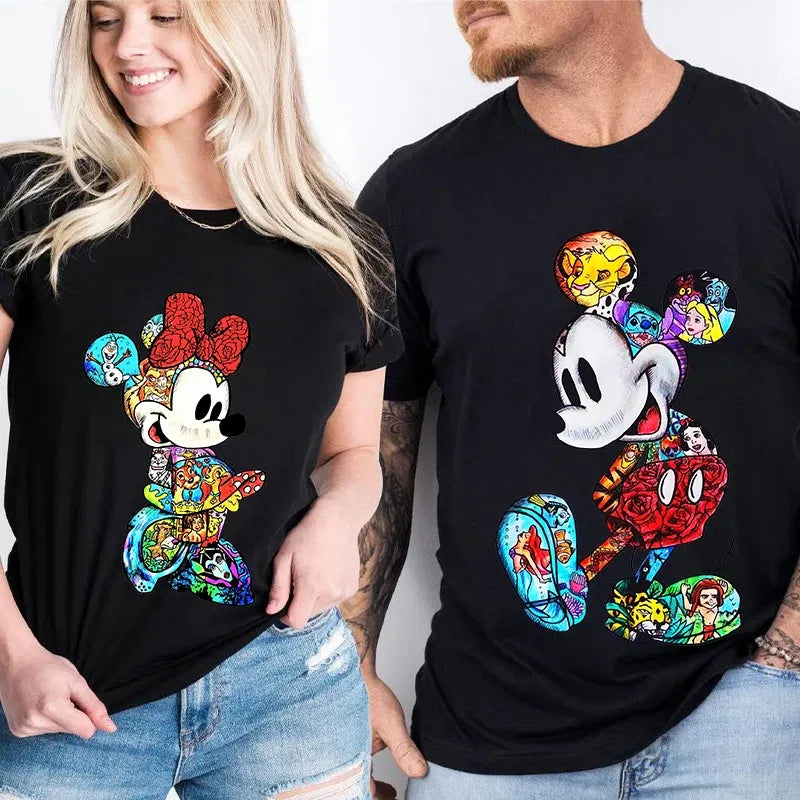 Color: black, Size: XL - Disney Couples Mickey Mouse Minnie Print T-shirt Couples Men's and Women's Cotton Short Sleeve Casual Tops