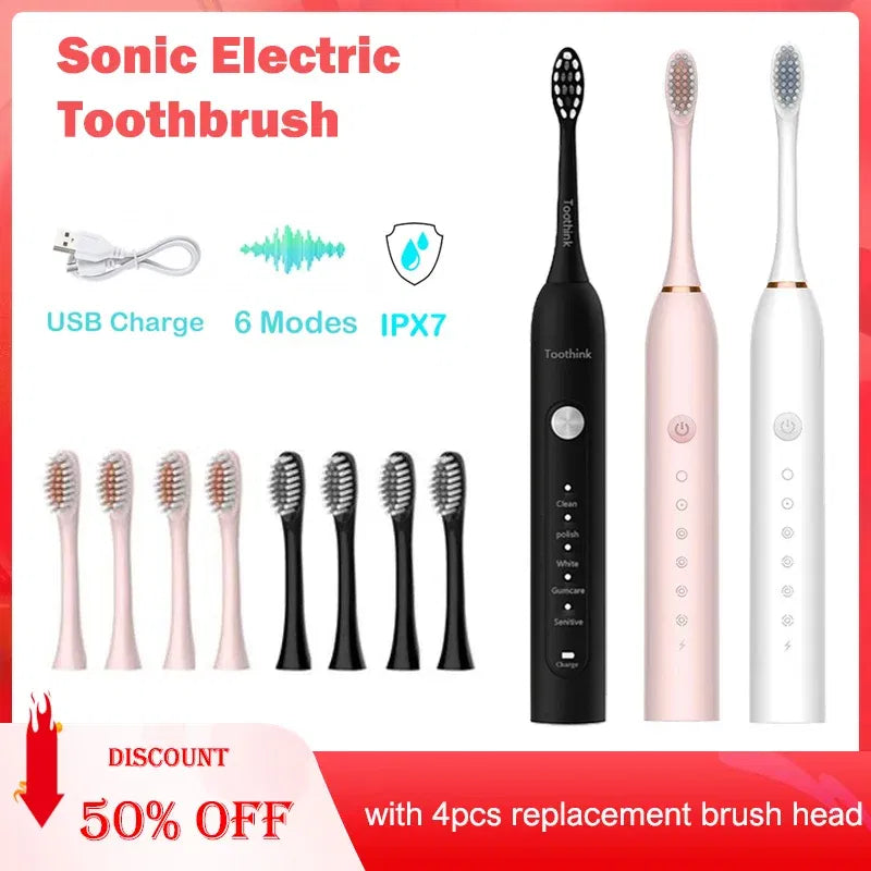 Color: Brown - Toothink Electric Toothbrush Smart Timing Tooth Brush Rechargeable Teeth Clean Whitening Sonic Toothbrush With Replacement Head