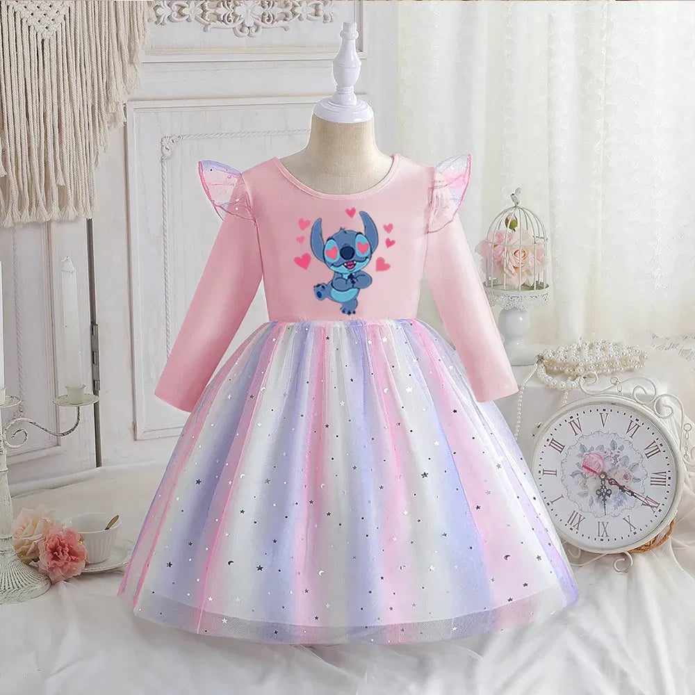 Color: Dark Grey, Kid Size: 2T - Stitch Princess Dress Autumn New Disney Baby Girls Dress Spring Autumn Long-sleeved For Children Kids Clothes Birthday Party