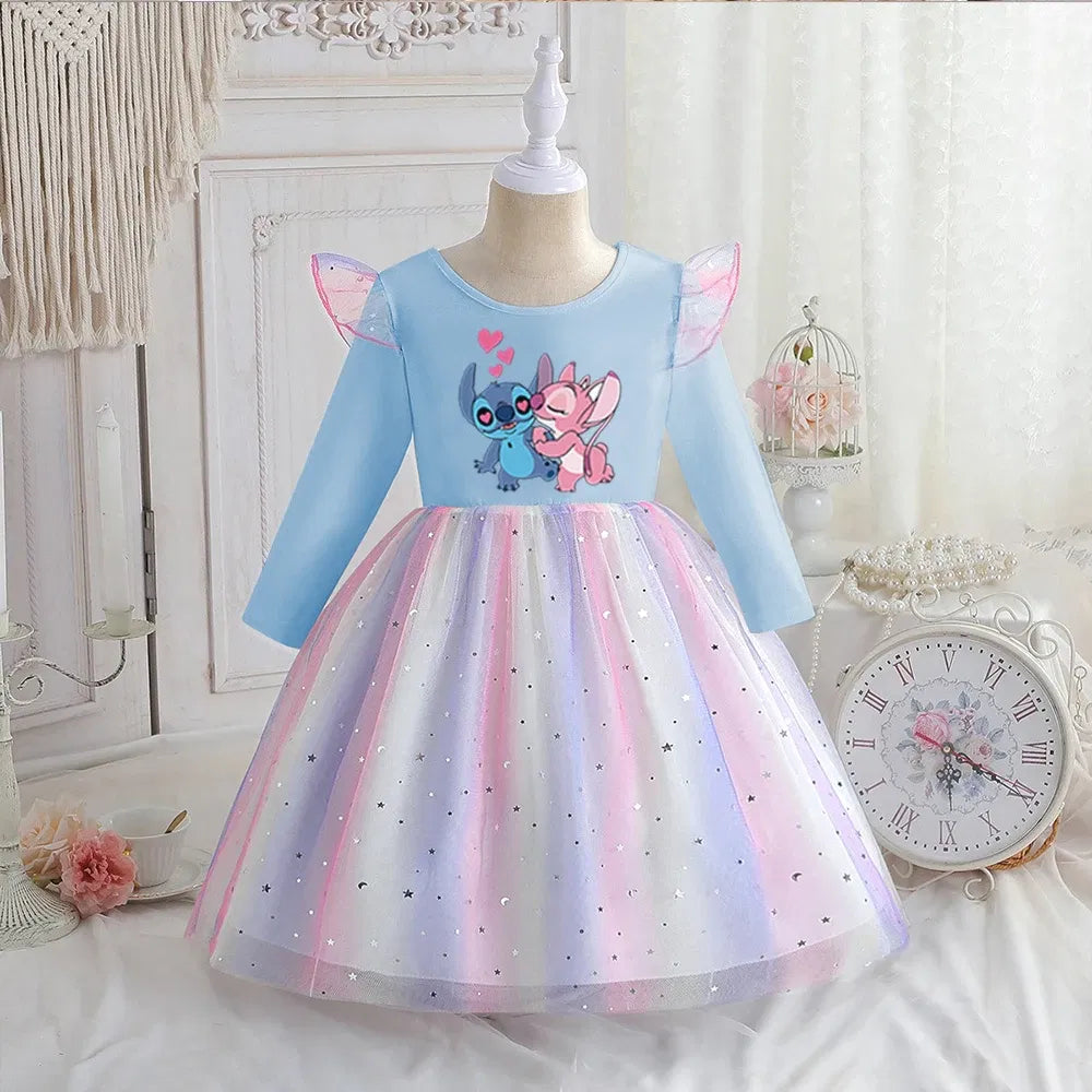 Color: Dark Grey, Kid Size: 2T - Stitch Princess Dress Autumn New Disney Baby Girls Dress Spring Autumn Long-sleeved For Children Kids Clothes Birthday Party