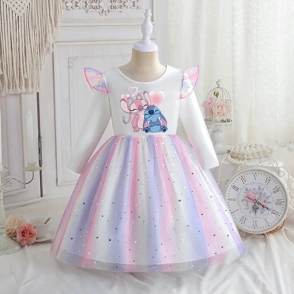 Color: Dark Grey, Kid Size: 2T - Stitch Princess Dress Autumn New Disney Baby Girls Dress Spring Autumn Long-sleeved For Children Kids Clothes Birthday Party