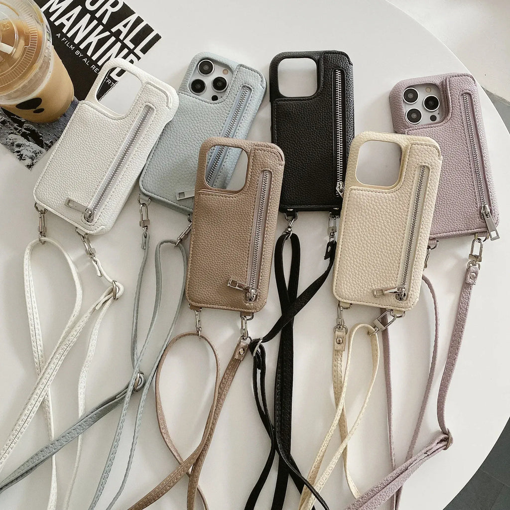 Material: Carbon Fiber, Color: Brown - Zipper Wallet Makeup Mirror Crossbody Lanyard Case For iPhone 16 15 14 Pro Max 13 12 11 XR XS 7 8 Plus Card Slot Leather Cover