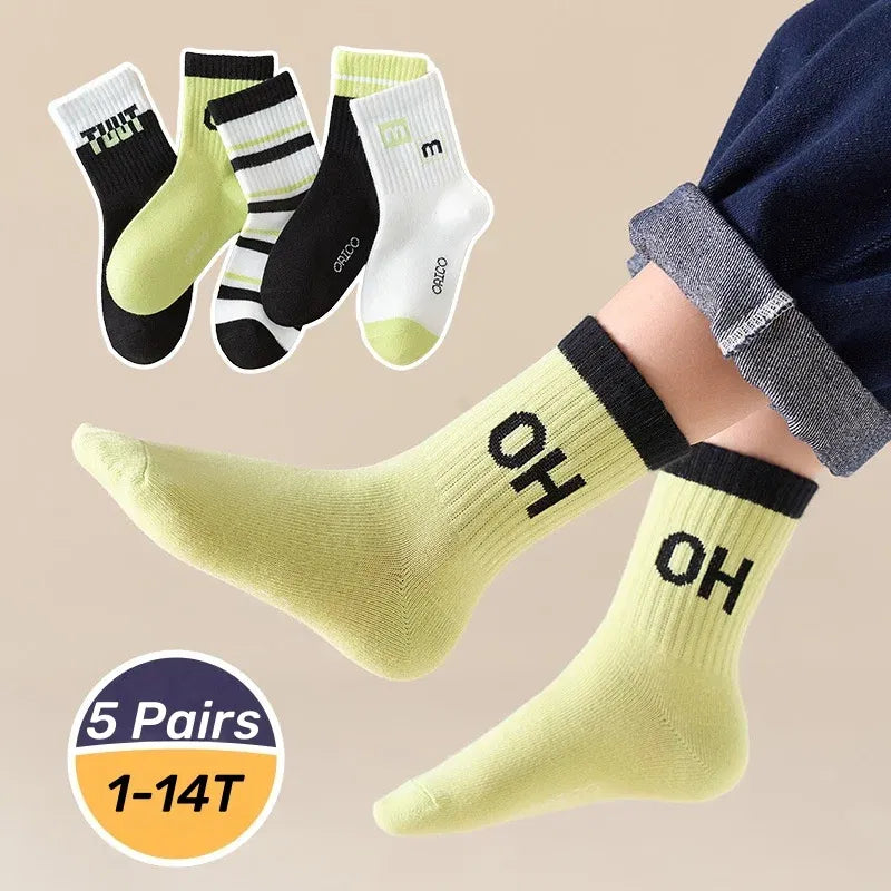 Color: black, Size: 2-3T - 1-14T Children's Socks Autumn Cotton Socks 5 pairs/bag Kids Spoty Socks Boys Baby Mid Calf Socks