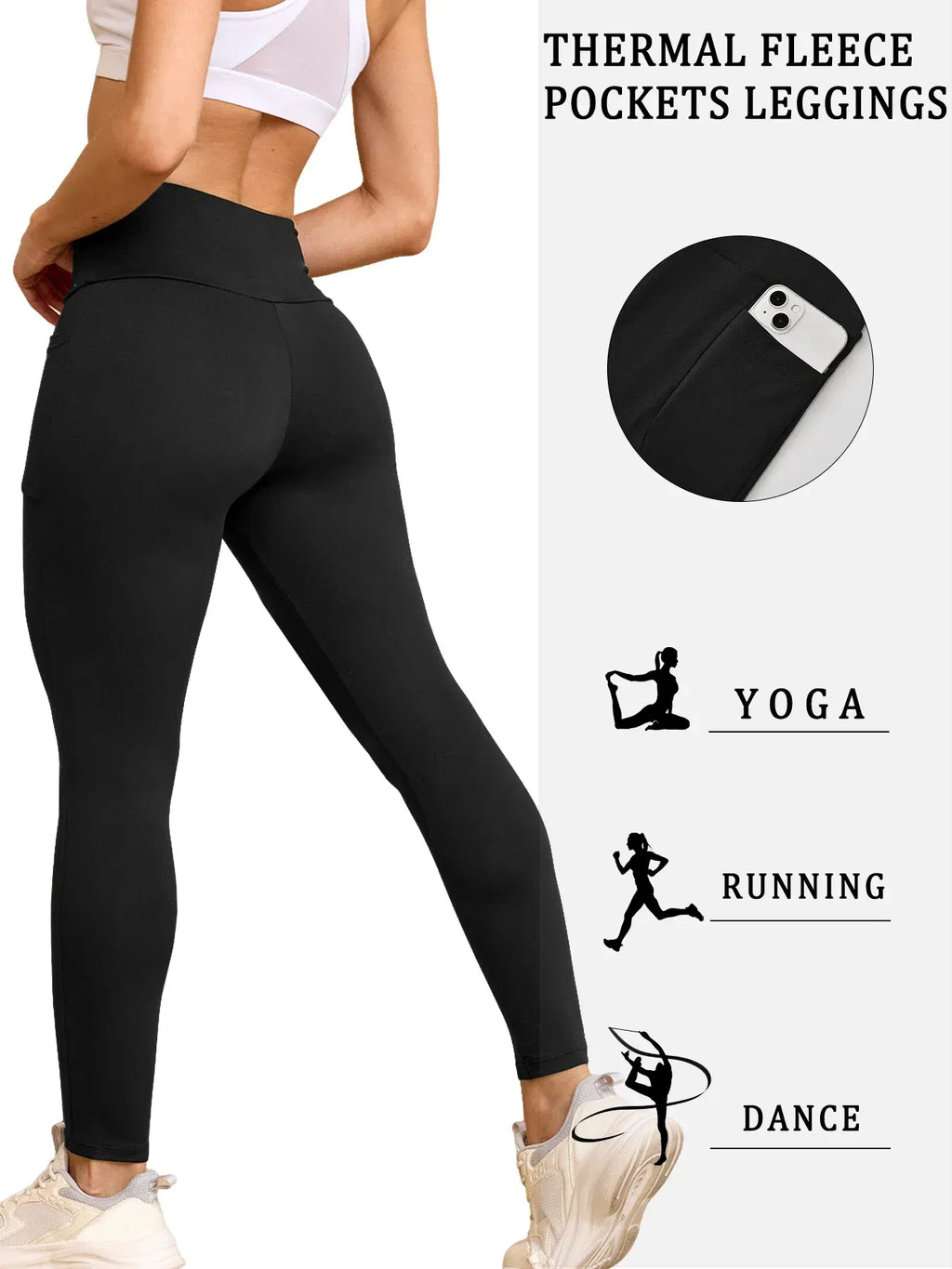 Color: Pink, Size: M - Womens Thermal Fleece Lined High Waisted with pockets Leggings, Workout Winter Warm Thick Tights Soft Yoga Running Pants