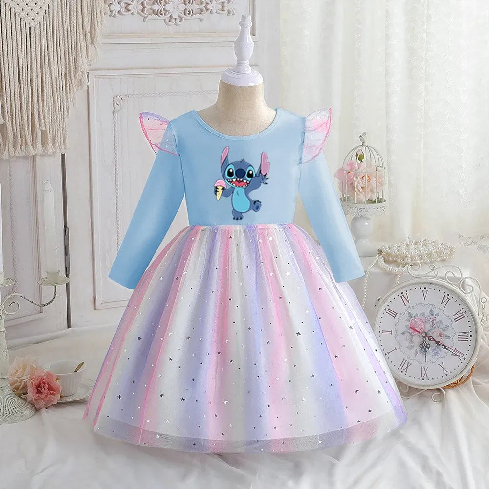 Color: Dark Grey, Kid Size: 2T - Stitch Princess Dress Autumn New Disney Baby Girls Dress Spring Autumn Long-sleeved For Children Kids Clothes Birthday Party