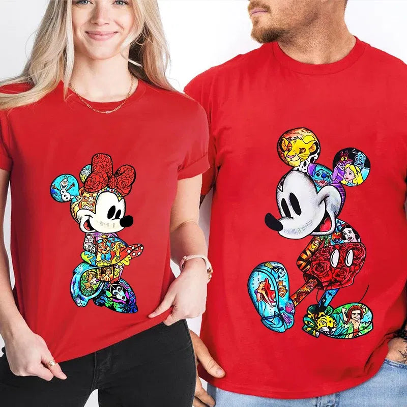 Color: black, Size: XL - Disney Couples Mickey Mouse Minnie Print T-shirt Couples Men's and Women's Cotton Short Sleeve Casual Tops