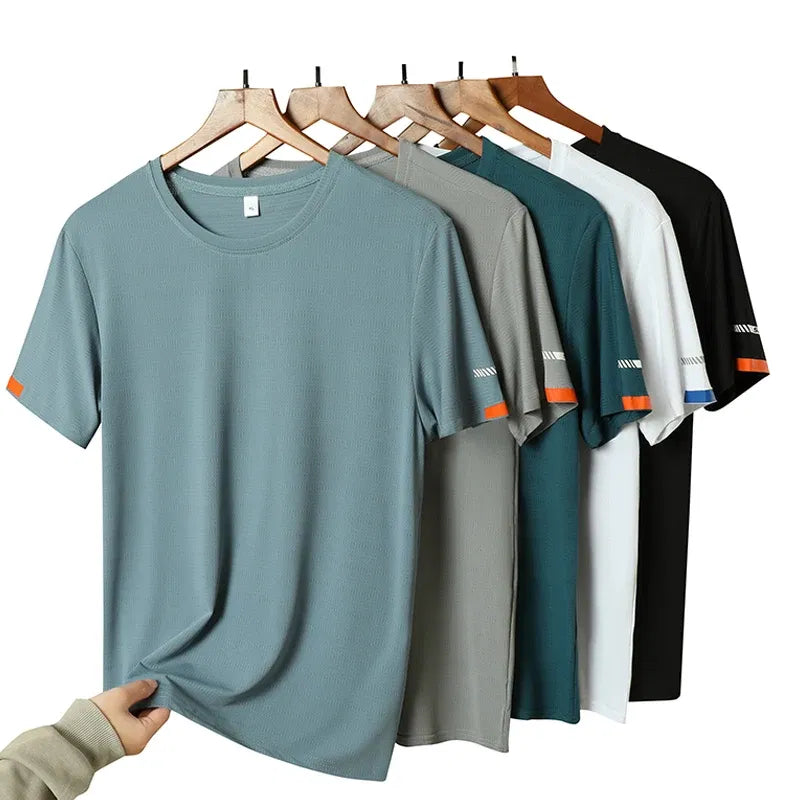 Color: army green, Size: XXXL - Men's Silk Ice Round Collar T-shirt, Simple Running Fitness Suit, Breathable Thin T-shirt, Quick Dry T-shirt, Summer