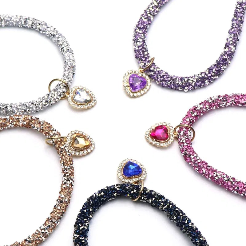 Color: Burgundy, Size: S - Luxury Cat Collar with Heart Crystal Pendant Puppy Chihuahua Necklace Reflective Rhinestone Kitten Neck Strap Pets Accessories