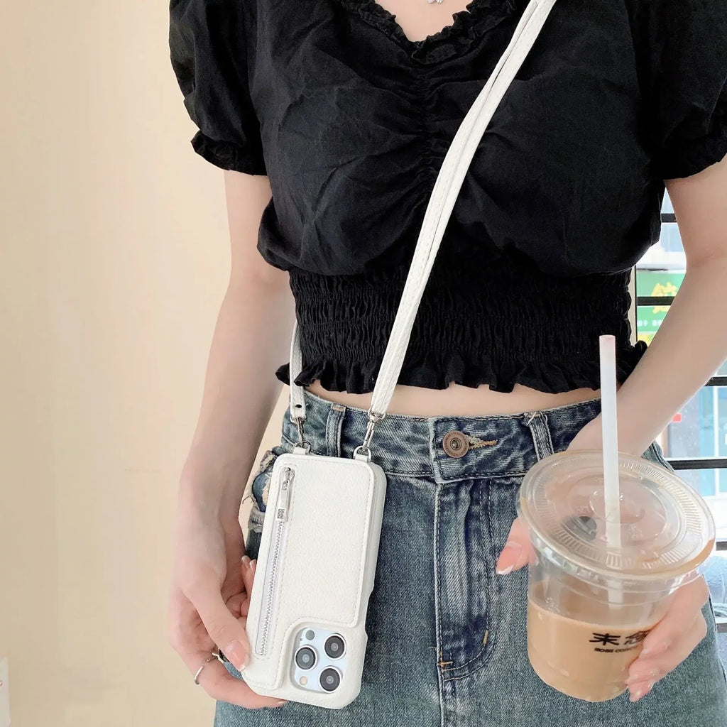 Material: PC, Color: SKY BLUE - Zipper Wallet Makeup Mirror Crossbody Lanyard Case For iPhone 16 15 14 Pro Max 13 12 11 XR XS 7 8 Plus Card Slot Leather Cover