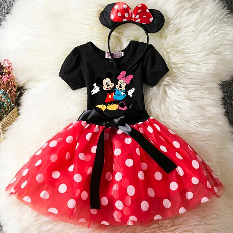 Color: Yellow, Size: XS - Cartoon Mickey Minnie Mouse Kids Short Sleeve Polka Dot Princess Dress 1-6Y Party Baby Girls Clothes Cosplay Costumes