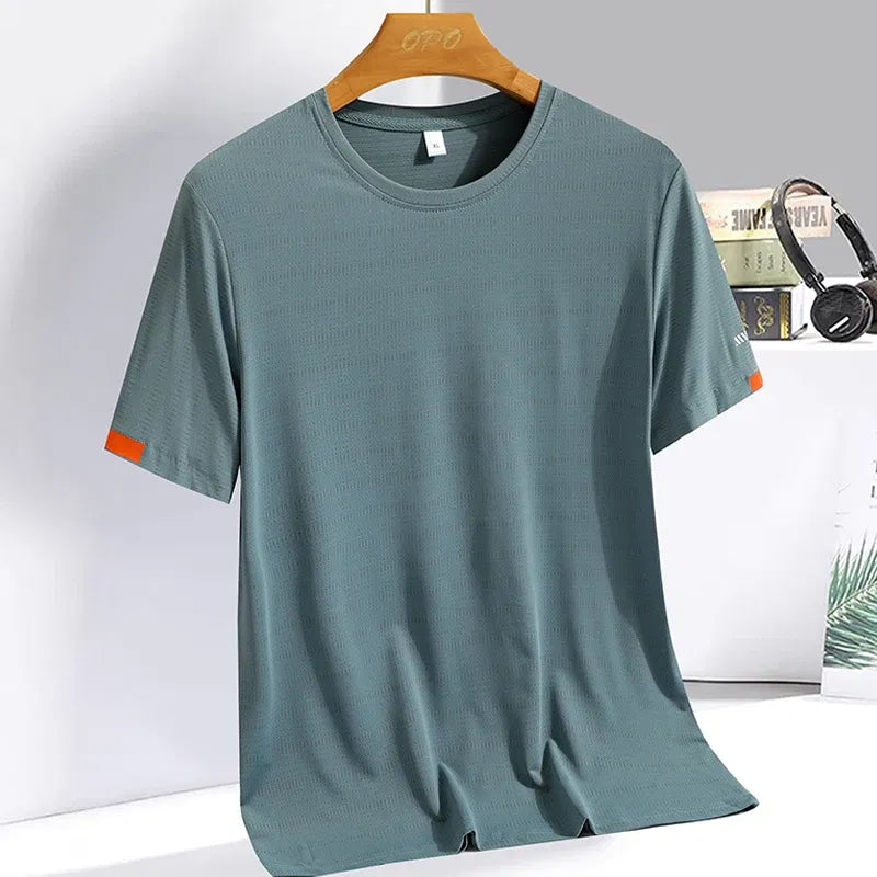 Color: army green, Size: XXXL - Men's Silk Ice Round Collar T-shirt, Simple Running Fitness Suit, Breathable Thin T-shirt, Quick Dry T-shirt, Summer