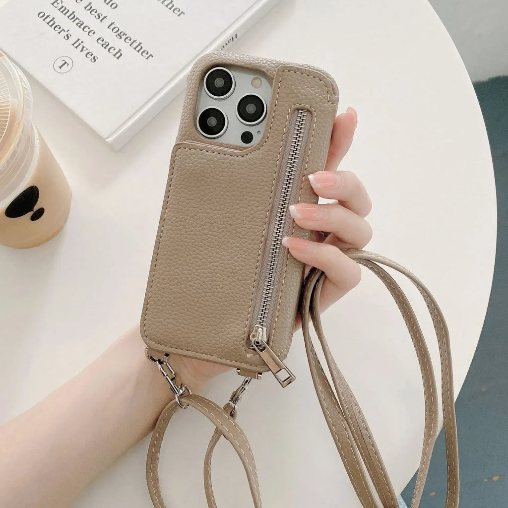 Material: Carbon Fiber, Color: Brown - Zipper Wallet Makeup Mirror Crossbody Lanyard Case For iPhone 16 15 14 Pro Max 13 12 11 XR XS 7 8 Plus Card Slot Leather Cover