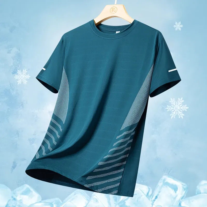 Color: army green, Size: XXXL - Men's Silk Ice Round Collar T-shirt, Simple Running Fitness Suit, Breathable Thin T-shirt, Quick Dry T-shirt, Summer