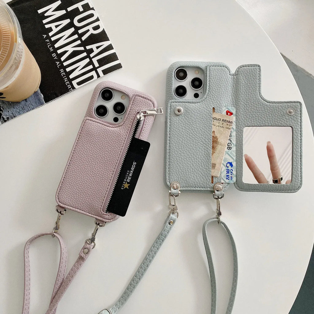 Material: ABS, Color: SKY BLUE - Zipper Wallet Makeup Mirror Crossbody Lanyard Case For iPhone 16 15 14 Pro Max 13 12 11 XR XS 7 8 Plus Card Slot Leather Cover